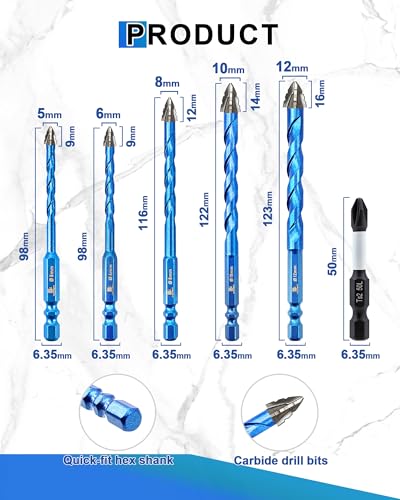 Serrated Concrete Drill Bit Set 3/16"*2,1/4"*4,5/16"*2,3/8",1/2" & Phillips Bits - Carbide Masonry Drill Bits for Brick/Ceramic/Tile/Wood/Plastic/Hex Shank Drills - size: 3/16"*2+1/4"*4+5/16"*2+3/8"+1/2"