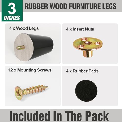 FoDau770 Rubber Wood Legs 3", Straight Taper, 5/16"-18 Thread, Black, 4pcs | Wood Couch legs - Mid Century Sofa Legs - Furniture legs Replacement for Cabinet Dresser Chair Ottoman - color: Black, size: 3 Inch - Straight (90°)