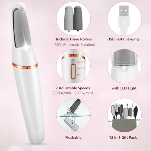 Electric Callus Removers for Feet, Haootadiy Electric Foot Callus Remover Pedicure Kits Rechargeable with12 in 1, Removes Dry Skin for Smoother Feet, Foot Care for Dead Skin Ideal Gift (White) - color: White