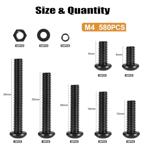 VGBUY 580Pcs M4 Screw Kit, Black M4 Screws Bolts, 6/8/12/16/20/25/30mm Metric Button Head Cap Screw Assortment Kit with Washer Nuts,10.9 Grade - size: M4x6/8/12/16/20/25/30mm, style: Button Head