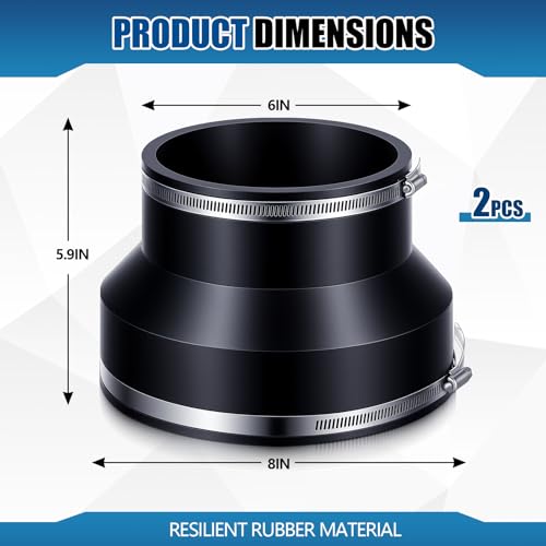 2 Pack 8" to 6" Flexible Rubber Reducer Coupling with Clamps