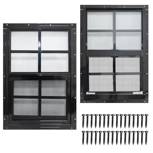NeatiEase 2 Pack Shed Windows with Black Frame, 24 x 36 Flush Mount Small Window with Tempered Glass and Fiberglass Screen for Shed, Chicken Coop, Playhouse, Household, Garage - color: Black, size: 24"x36"
