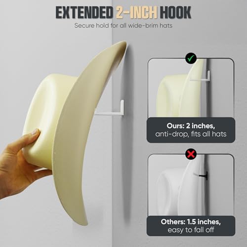 Modern JP Adhesive Hat Hooks for Wall (6-Pack) - Cowboy Hat Rack, Wide Brim Hat Organizer, Strong Hold Hat Hangers for Wall - White - color: White