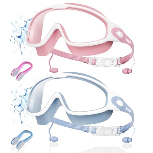 Aegend New Adult Wide View Swim Goggles, Anti-Fog/UV No Leak Swimming Goggles with Ear Plugs for Men & Women - color: Clear Blue & Clear Pink