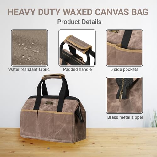 Tool Bag, 15-inch Heavy Duty 16oz Waxed Canvas Wide Mouth Water-Resistant Tool Bag, Tool Tote with Handle for Tools, Wrenches, Screwdrivers (15 X 7.8 X 11.5 inch) | Grey - color: Grey, size: 15 Inch