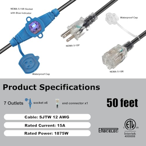 50 Feet Multi Outlet Extension Cord 12 Gauge 7 Nema 5-15R Outlets - size: 12 Gauge 50FT 7 Outlets
