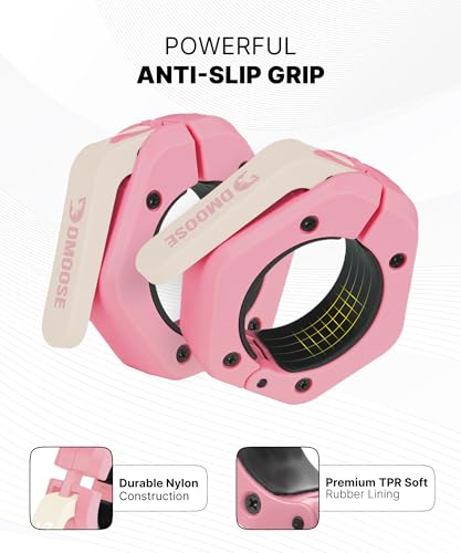 DMoose Fitness Barbell Clips 2 Inch (Pair) - Quick Release Olympic Barbell Clamps & Collars with Anti Slip TPR Grip for Secure Weightlifting and Powerlifting - Weight Clips for Bars at Home or Gym - color: Pink, style: Magnetic