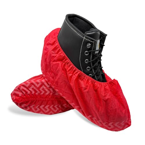 ShuBee Original Disposable, Extra-Large Boot and Shoe Covers, Thicker & Stronger, Durable Protection for Floors - 50 Pairs - color: Red
