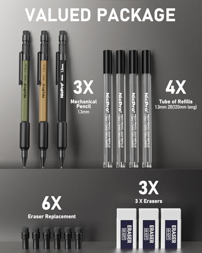 Nicpro 3 PCS 1.3 mm Mechanical Pencil Set with 48 Lead Refill, 3 Eraser - style: 3 Pack (Black Green Brown)