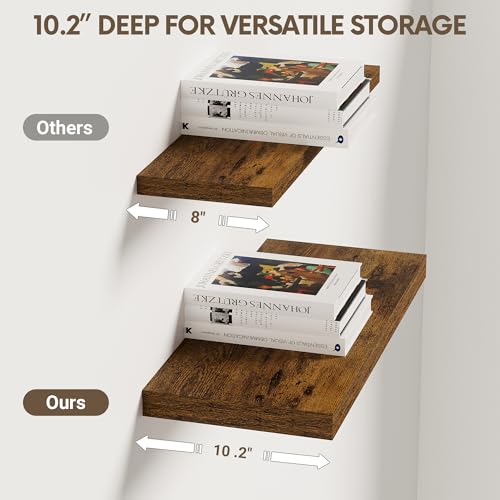 Vivelove 10 in Deep Floating Shelves 16” Set of 2, Rustic Brown - color: Rustic Brown, size: 15.7”wx10.2”dx1.5”h