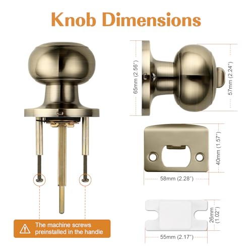 Probrico Bed/Bath Keyless Privacy Interior Door Knobs, Antique Brass Door Knobs 6 Pack - color: Antique Brass