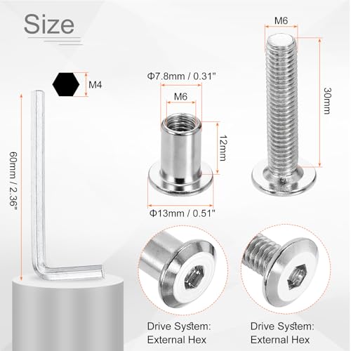 HARFINGTON 20 Set M6x30mm Hex Drive Socket Cap Bolt and M6x12mm Nuts with M4 Hex Wrench, Furniture Connector Bolts and Screws for Furniture Countersunk Belt, Silver - size: M6x30mm, M6x12mm