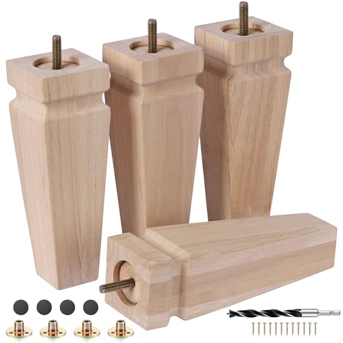 Unfinished Oak Sofa Legs - Heavy Duty Mid Century Solid Wood Replacement Furniture Legs Set of 4 for Couch, Table, Bench, Bed, Dresser, Chair - with Installation Hardware (Natural 8"H*2.75"W) - color: Plain Wood Color, size: 8"H*2.75"W