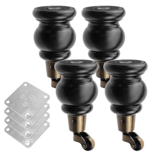 4pcs 6" Height Wooden Furniture Legs with Casters, Black - color: Black, size: Height: 6"