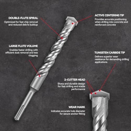 SALI SDS Plus Rotary Hammer Drill Bit Set,1/2" x 6", 10-Pack, Carbide-Tipped Masonry Bits for Concrete, Brick & Stone with Storage Case - size: 1/2"*6"