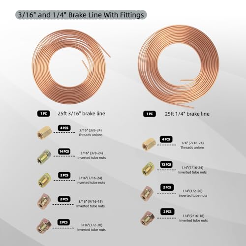 Wostore 25FT 3/16"+1/4" Brake Line Kit, Flaring Tool, Bender & 44 Fittings - size: Double flare kit with 3/16"&1/4" Brake Line