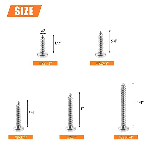 #8 x 1/2" 5/8" 3/4" 1" 1-1/4" Wood Screws Set, HELIFOUNER 125 Pieces Phillips Pan Head Self-Tapping Screws Assortment Kit, Phillips Pan Head Wood Screws, 304 Stainless Steel - size: #8
