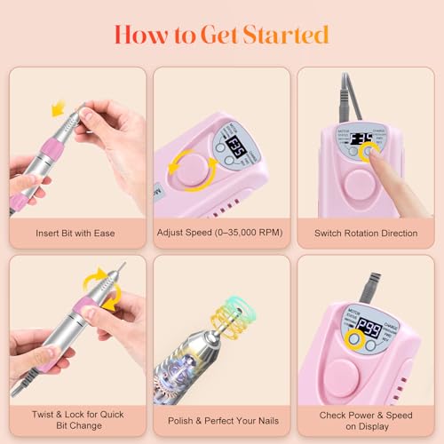 Professional Electric Drill, 35000RPM Rechargeable Nail File - color: Light Pink