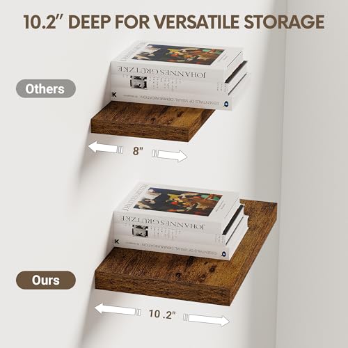 Vivelove 10x10 Inches Floating Shelves Wall Mounted Set of 2, Rustic Brown - color: Rustic Brown, size: 10.2”wx10.2”dx1.5”h