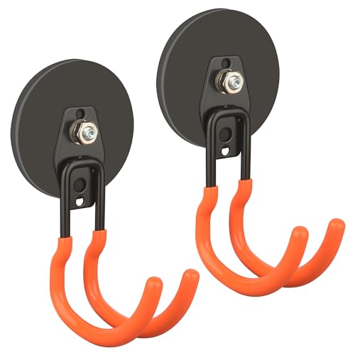 ULIBERMAGNET New Upgraded Ultra-Strong Magnetic Hooks,2 Pack Heavy Duty Ultimate Magnetic Hooks with 40LB Hold for Extension Cord, Hose, Rope, D-Handle Tools, Garden Tools (Orange/3.46inch) - style: Upgraded Orange Large Gaint Strong Hooks