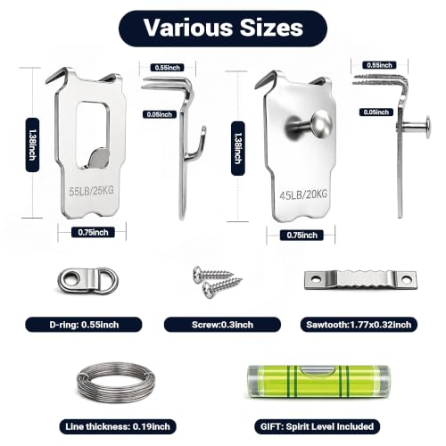 107 Pcs Picture Hanging Kit Hooks: 25 40 65 LB Drywall Picture Hangers Claw Hardware - Tool Nail Free No Damage Heavy Duty Wall Hanger for Room Office Mirror Photo Poster Frame Decor