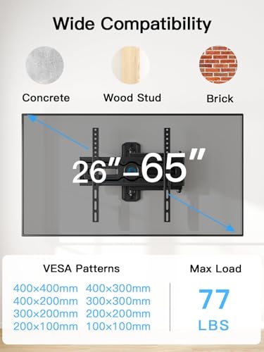 Pipishell Full Motion TV Wall Mount for Most 26-65 inch Flat & Curved TVs up to 77 lbs, Adjustable Bracket Height, Corner TV Mount with Single Articulating Arm, Max VESA 400x400mm, PIMF9 - style: Fits 26-65" TVs / Single Stud