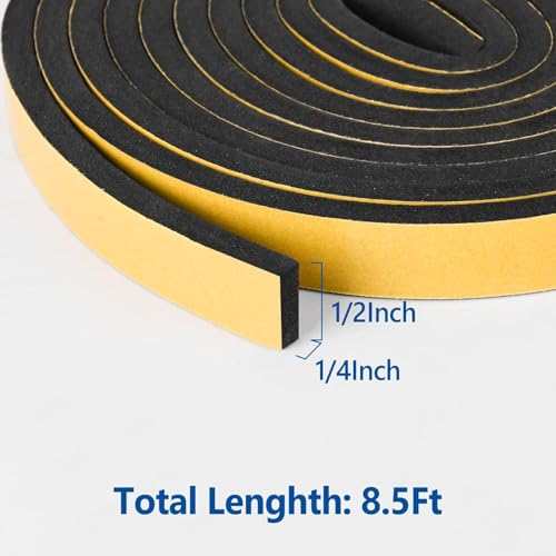 Kikerike Self Adhesive Foam Tape Weatherstrip 1/2In x 1/4In x 8.5Ft High Density Foam Insulation Strips Seal Weather Stripping with Strong Adhesive for Door and Window Sound Isolation Soundproofing - size: 1/2in x 1/4in x 8.5Ft