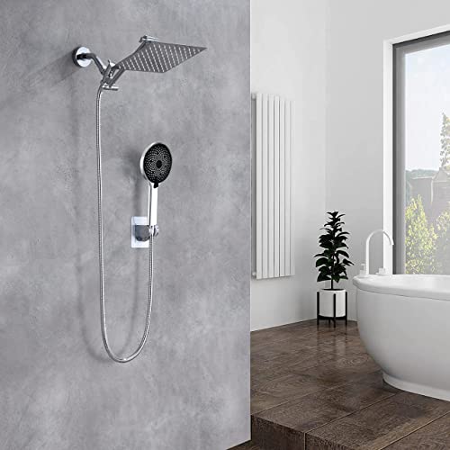 Shower Head,8”Rain Shower Head with Handheld Spray Combo with 11'' Angle Adjustable Extension Arm/Flow Regulator/Shower System,High Pressure Rainfall Shower Head Bathroom,Chrome - color: Silver01, size: 8 Inch