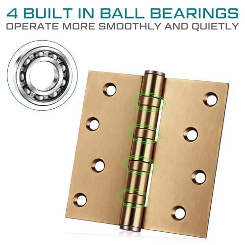 6 Pack Brass 4'' Ball Bearing Door Hinges, 4 x 4 Inch Exterior Door Hinge - color: Brass