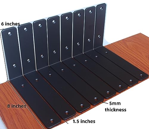 2 Pack - L 8" x H 6" x W1.5, 5mm Thick Black L Shelf Bracket, Iron Shelf Brackets, Metal Shelf Brackets, Floating Shelf, Shelf Supports with Screws - size: 8''x6'', style: Black 2 Pack