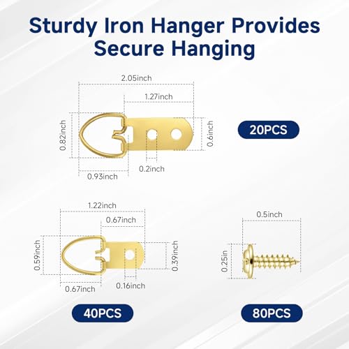 D-Ring Picture Hangers Kit, 40 Single Hole & 20 Double Hole Hangers with 80 Screws, 50 lb Load Heavy Duty Picture Hanging Hardware for Picture Frame Mirrors Canvas (Gold) - size: Gold