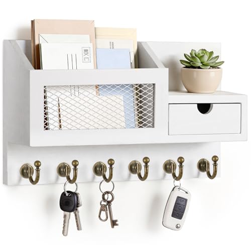 FifthQuarter Key Hanger Wall Mount with Drawer and 6 Sturdy Hooks, B-White - color: B-White