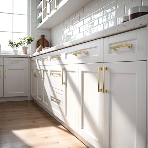 KNOBWELL 6 Pack Brushed Gold Solid Cabinet Pulls 6-3/10 Inch(160mm) Hole Center Kitchen Cabinet Handles,Cabinet Hardware for Cupboard Drawer Pulls - color: Brushed Gold, size: Hole Center：6-3/10 inch（160mm）