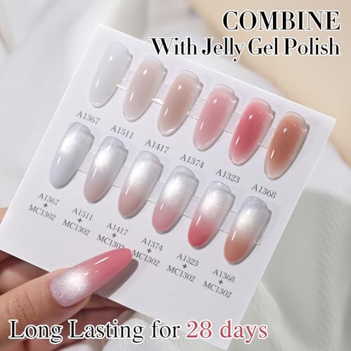 Double Rhythm Jelly Glass Cat Eye Gel Polish with Magnet 15ML Holographic Glitter Shimmer Translucent Sheer Color Magnetic Nail Polish Salon DIY at Home (Milky White Silver-MC1302) - color: Bright Silver