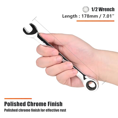 Egofine 1/2 inch Ratcheting Combination Wrench SAE, Industrial Grade Gear Spanner with 12-Point Design, 72-Tooth Ratchet, Chrome Vanadium Steel - size: 1/2"