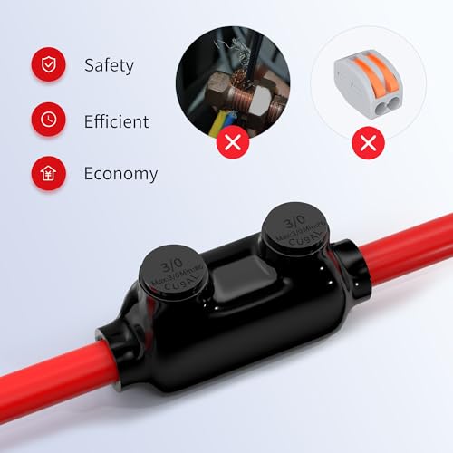 RVBOATPAT Insulated Inline Splice Connector 3/0-6 AWG Black Electrical Cable Connectors 7/32" Slotted Allen Hex Aluminum to Copper Wire Connectors - 6 Pack - color: 3/0-6 AWG
