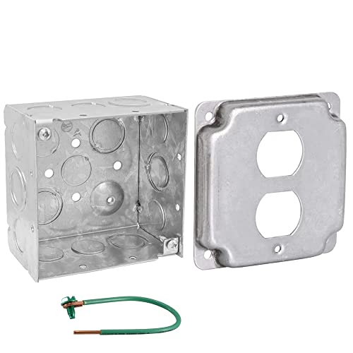 Pack of Box and Cover 4'' Square Electrical Box, 1 Duplex Receptacle Exposed Work Cover, Crushed Corners, Welded Construction, Ten 1/2'' and Six TKO Knockouts, Raised Ground, 2-1/8'' - size: Duplex Receptacle