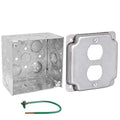 Pack of Box and Cover 4'' Square Electrical Box, 1 Duplex Receptacle Exposed Work Cover, Crushed Corners, Welded Construction, Ten 1/2'' and Six TKO Knockouts, Raised Ground, 2-1/8'' - size: Duplex Receptacle