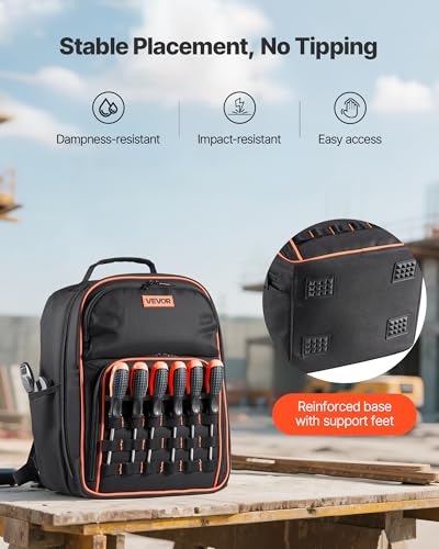 VEVOR Tool Backpack, 49 Pockets, Heavy-duty Tools Storage Organizer Work Bags Backpack with Laptop Compartment & Reinforced Fabric Base, Electrician Jobsite Backpack for Electrician, Repairman - size: 49 Pockets + Non-Rolling