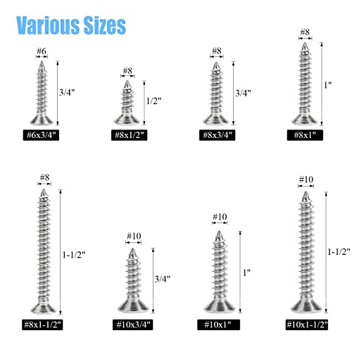 DYWISHKEY 320 Pieces #6#8#10 Stainless Steel 304 Phillips Flat Head Self-Tapping Screws, Wood Screws Assortment Kit - size: #6#8#10