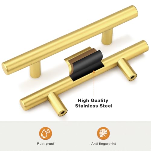 Probrico 5 Pack 3-1/2 Inch Center-to-Center Kitchen Cabinet Pulls T Bar Gold Cabinet Handles Modern Drawer Hardware Dresser Pulls, 6 Inch Total Length - color: Gold, size: hole center 3-1/2"