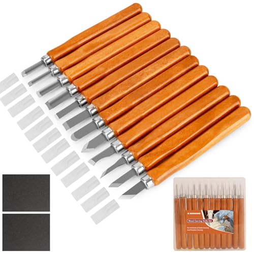 Wood Carving Tools, 14Pcs Wood Carving Knife Kit Carbon Steel, Wood Chisels Set for Pumpkins Soap Sculpture Carving DIY (12 Styles)