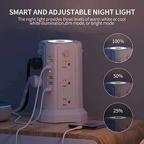 Surge Protector Power Strip Tower with 5 USB Ports and Night Light - color: White-5 USB A