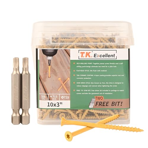 T.K.Excellent Deck Screws 3 Inch Wood Screws #10 x 3, 315 Pcs, Rust Resistant Structural Screws Tan Exterior Fence Screws Torx Drive Screw, Two T25 Bits, Brilliant Yellow Ruspert Coating Rust Proof - size: #10×3