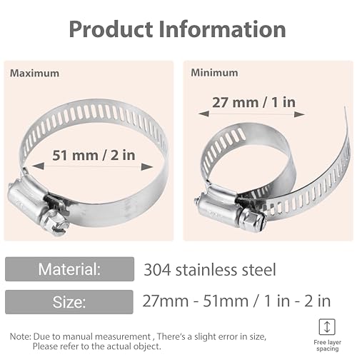 2 Inches Hose clamps,304 Stainless Steel Worm Gear Hose Clamps,10 Pcs Fuel Line Pipe Clamps - size: 1 in - Φ27~51 mm