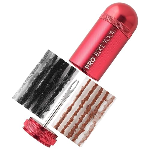 PRO Bike Tool Tubeless Bike Tyre Repair Kit – for MTB and Road Bicycle Tyres – Fix a Puncture or Flat, Fast – Tackle Set Includes Storage Canister, Plugger Tool and Plugs - color: Red
