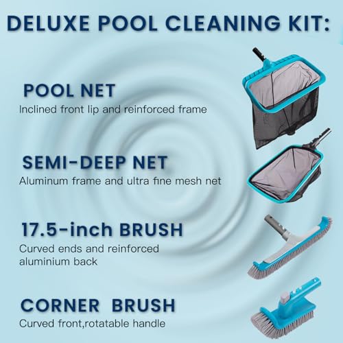 Sepetrel 4-Piece Pool Cleaning Kit, 17.5" Curved Wall Brush, Rotatable Hand Scrubber, Deep Bag Leaf Rake and Flat Skimmer Net (Pole Not Included) for Above Ground and Inground Pools - size: Plastic Frame Rake(No Pole)