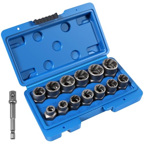 14 Piece Bolt Extractor Kit,Stripped Bolt & Lug Nut Remover Set,3/8" Drive Extractor Socket Set, SAE/Metric for Damaged, Rusted, Frozen Nuts and Bolts - color: 14pcs