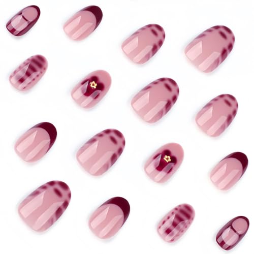 Short Oval Press On Nails, Burgundy Blossom French Tips - color: 40-Ruby Petal Kiss