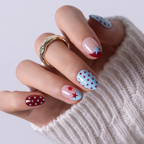 CurvLife Extra Short Almond Press On Nails, Cherry Dots, Soft Gel - color: C4 - Retro Star